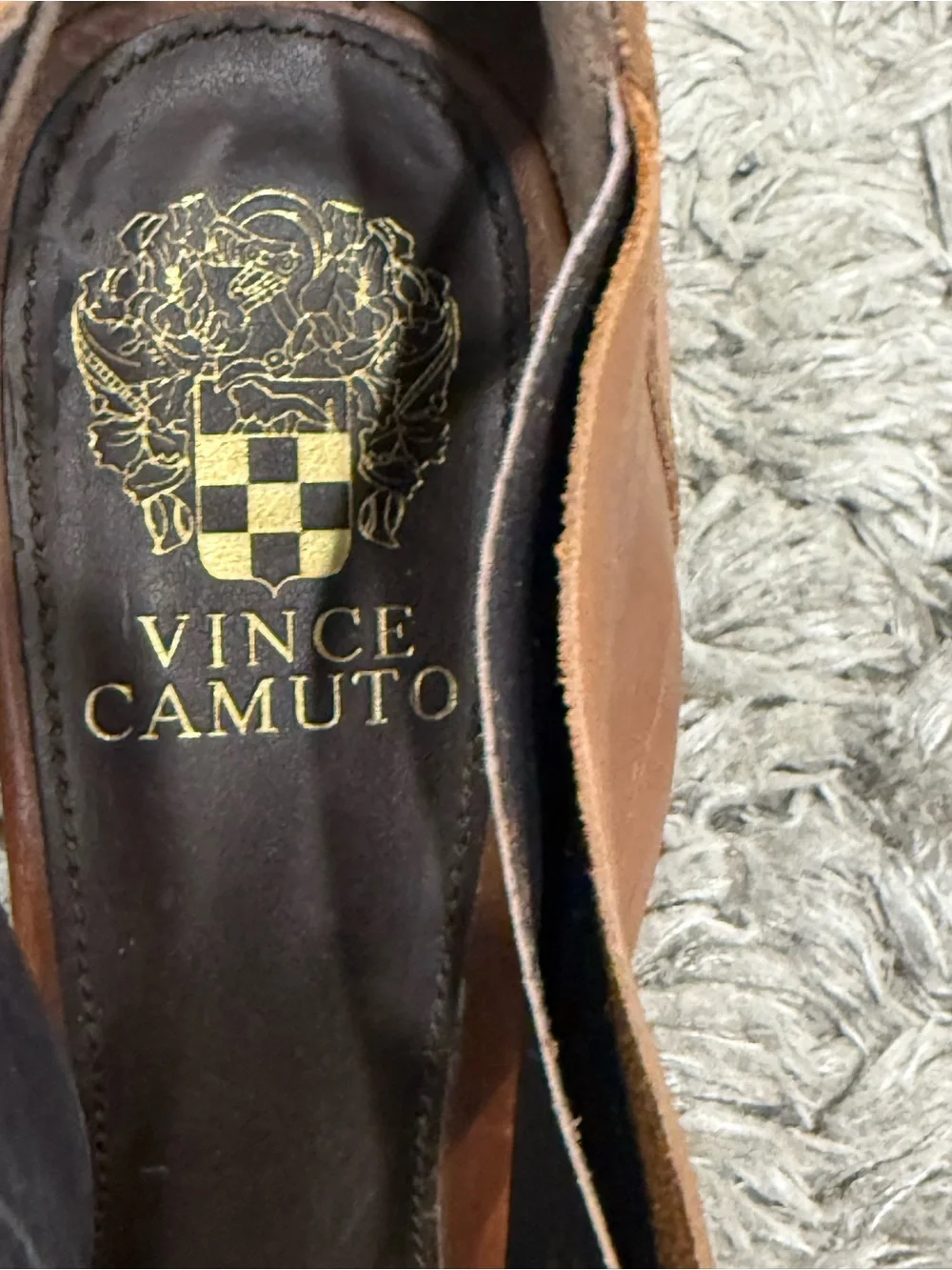 Vince Camuto Wedge Heels Brown Leather Peep Toe Zip Strappy